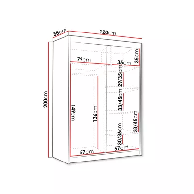 Keskeny gardrób 120 cm tükörrel STOWEL - fekete / fehér