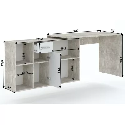 ZAVALLA sarok íróasztal - beton / fehér