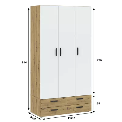 Háromajtós gardróbszekrény 111 cm fiókokkal RICHLAND - artisan tölgyfa