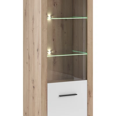 Magas vitrin LED világítással WYLIE - artisan tölgy / fényes fehér