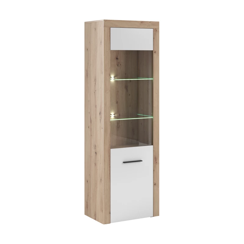 Magas vitrin LED világítással WYLIE - artisan tölgy / fényes fehér
