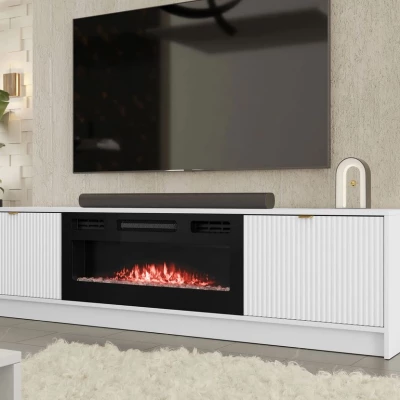 Széles TV-állvány elektromos kandallóval TABORO - fehér