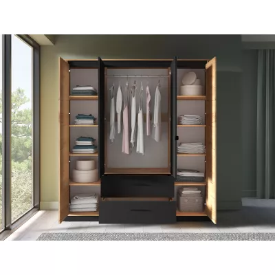 Négyajtós ruhásszekrény 200 cm MING - artisan tölgyfa arany / fekete