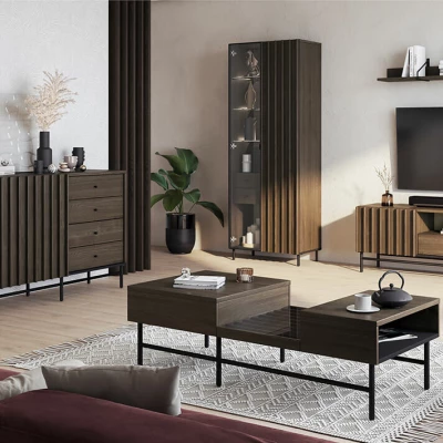 Magas vitrin LED világítással MEXIA - portland kőris / fekete