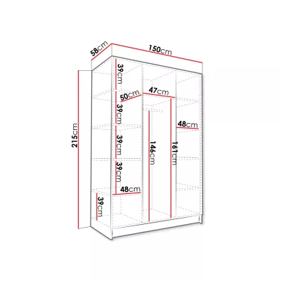 Magas tükrös gardrób 150 cm SHEELA 3 - kasmír / arany