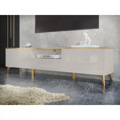 Széles TV állvány polccal LIVA - fényes bézs / bézs / arany