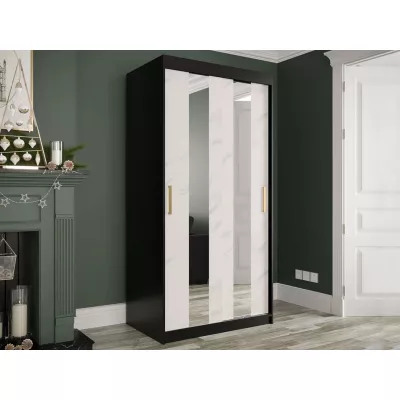 Keskeny gardrób 100 cm tükörrel CARSON 1 - fehér márvány / fekete / arany