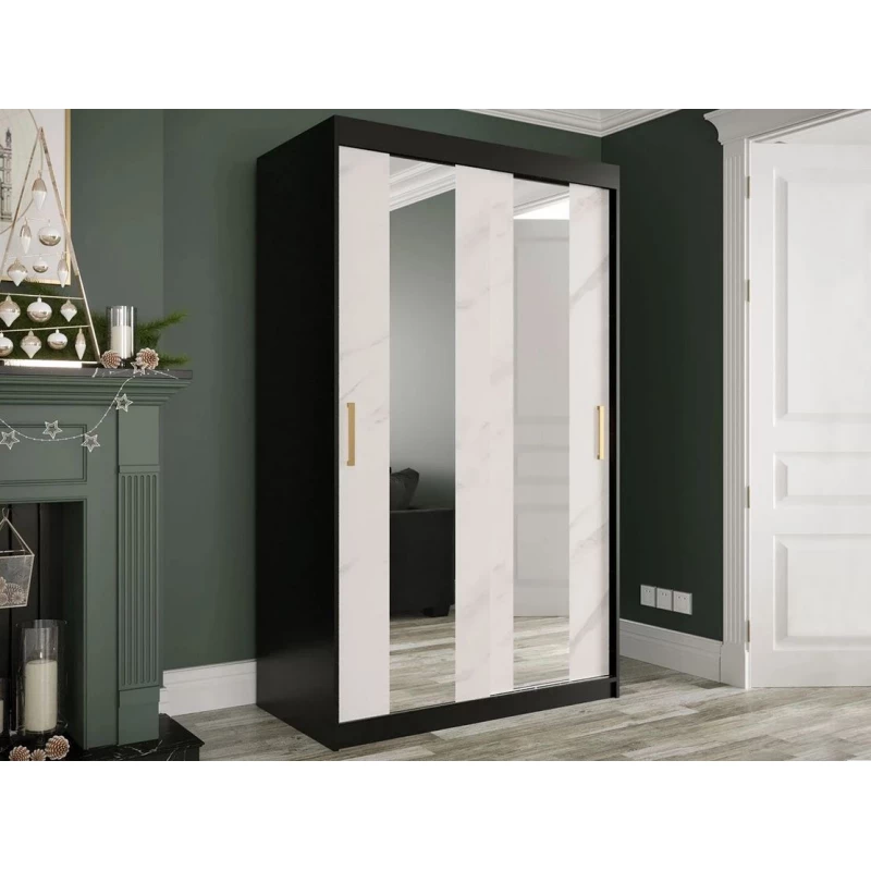 Keskeny gardrób 120 cm tükörrel CARSON 1 - fehér márvány / fekete / arany
