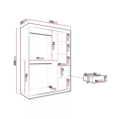 Modern gardrób 150 cm fiókokkal CARSON 2 - fekete márvány / fekete / arany