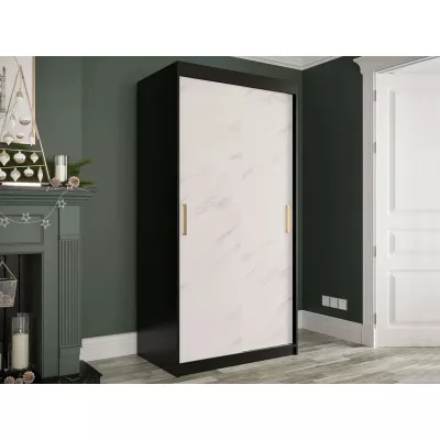 Modern keskeny gardróbszekrény 100 cm fiókokkal CARSON 2 - fehér márvány / fekete / arany