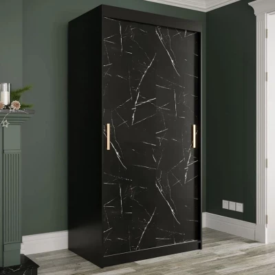Modern keskeny gardróbszekrény 100 cm fiókokkal CARSON 2 - fekete márvány / fekete / arany