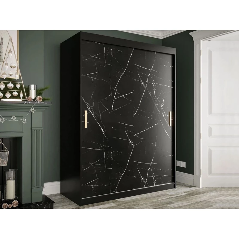 Modern gardróbszekrény 150 cm CARSON 2 - fekete márvány / fekete / arany