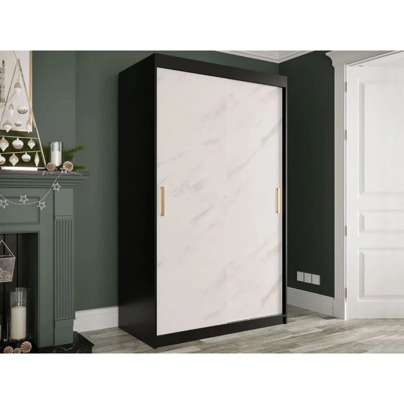 Modern keskeny gardróbszekrény 120 cm CARSON 2 - fehér márvány / fekete / arany