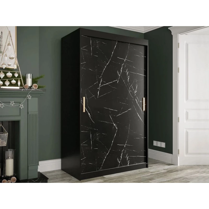 Modern keskeny gardróbszekrény 120 cm CARSON 2 - fekete márvány / fekete / arany