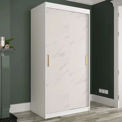 Modern keskeny gardróbszekrény 100 cm CARSON 2 - fehér márvány / fehér / arany