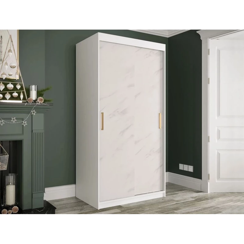 Modern keskeny gardróbszekrény 100 cm CARSON 2 - fehér márvány / fehér / arany