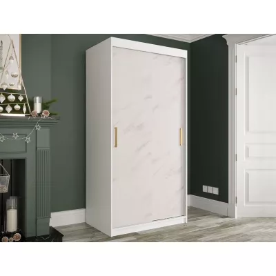 Modern keskeny gardróbszekrény 100 cm CARSON 2 - fehér márvány / fehér / arany