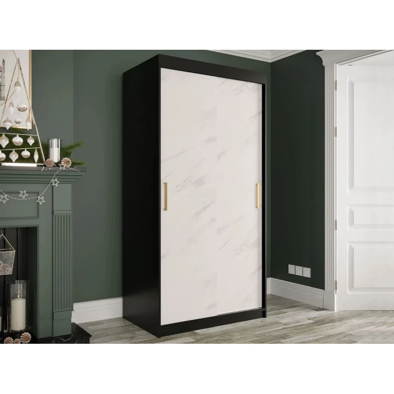 Modern keskeny gardróbszekrény 100 cm CARSON 2 - fehér márvány / fekete / arany