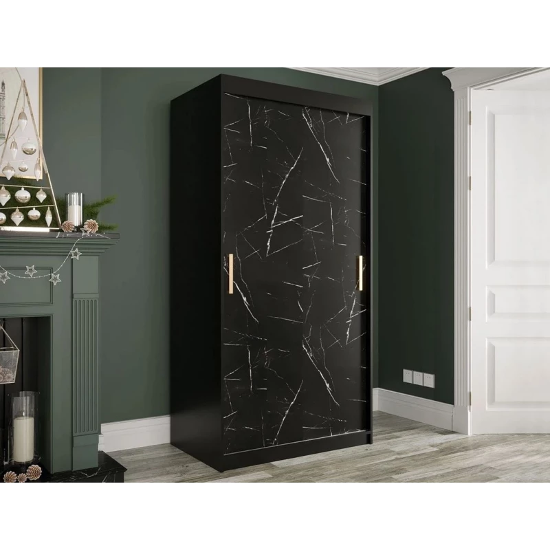 Modern keskeny gardróbszekrény 100 cm CARSON 2 - fekete márvány / fekete / arany