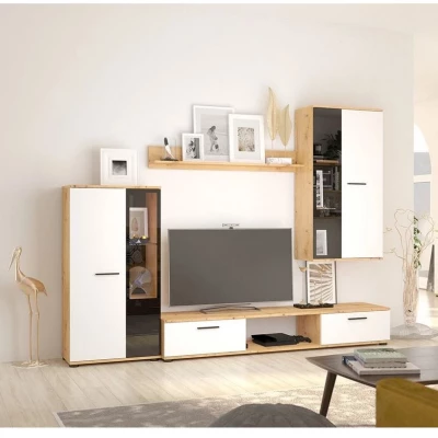 Modern nappali fal LED világítással PARK - artisan tölgy / fehér