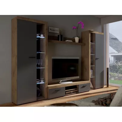 Modern nappali fal LED világítással THISE XL - Lefkas tölgy / grafit