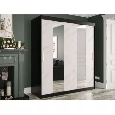 Gardróbszekrény 180 cm tükörrel és fiókokkal CARSON 4 - fehér márvány / fekete / arany