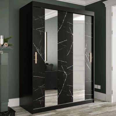 Gardróbszekrény 150 cm tükörrel és fiókokkal CARSON 4 - fekete márvány / fekete / arany