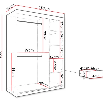 Gardróbszekrény 150 cm tükörrel és fiókokkal CARSON 4 - fekete márvány / fehér / arany
