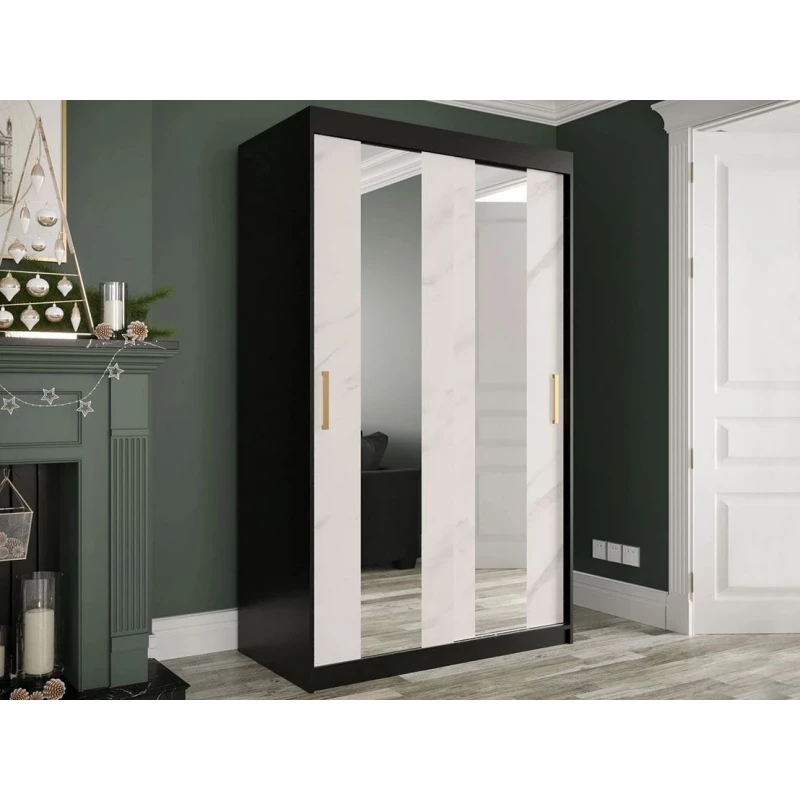 Keskeny gardrób 120 cm tükörrel és fiókokkal CARSON 4 - fehér márvány / fekete / arany