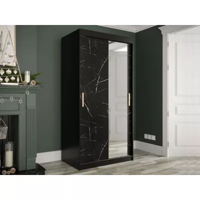 Keskeny gardrób 100 cm tükörrel és fiókokkal CARSON 4 - fekete márvány / fekete / arany