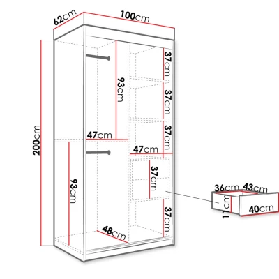 Keskeny gardrób 100 cm tükörrel és fiókokkal CARSON 4 - fehér márvány / fekete / arany