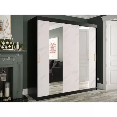 Gardróbszekrény 200 cm tükörrel CARSON 4 - fehér márvány / fekete / arany