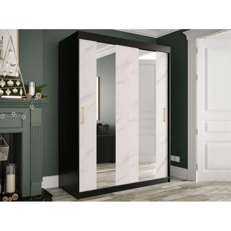 Gardróbszekrény 150 cm tükörrel CARSON 4 - fehér márvány / fekete / arany