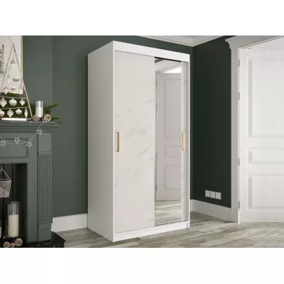 Keskeny gardrób 100 cm tükörrel CARSON 4 - fehér márvány / fehér / arany