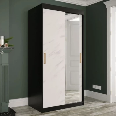 Keskeny gardrób 100 cm tükörrel CARSON 4 - fehér márvány / fekete / arany