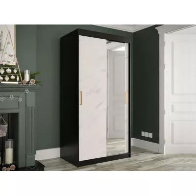 Keskeny gardrób 100 cm tükörrel CARSON 4 - fehér márvány / fekete / arany
