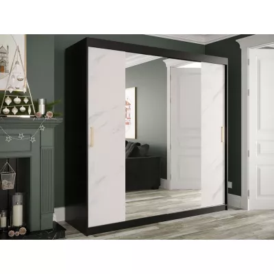 Gardróbszekrény 200 cm tükörrel és fiókokkal CARSON 3 - fehér márvány / fekete / arany