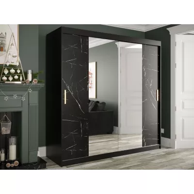 Gardróbszekrény 200 cm tükörrel és fiókokkal CARSON 3 - fekete márvány / fekete / arany