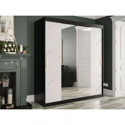 Gardróbszekrény 180 cm tükörrel CARSON 3 - fehér márvány / fekete / arany