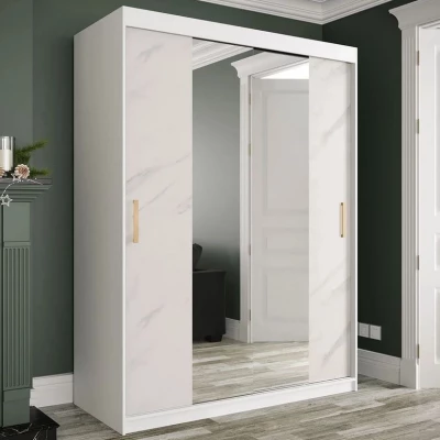 Gardróbszekrény 150 cm tükörrel CARSON 3 - fehér márvány / fehér / arany