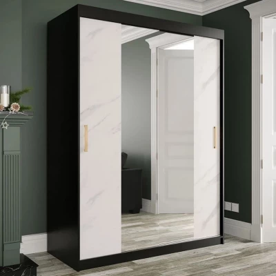 Gardróbszekrény 150 cm tükörrel CARSON 3 - fehér márvány / fekete / arany