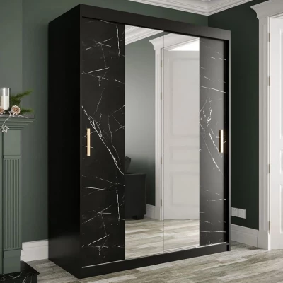 Gardróbszekrény 150 cm tükörrel CARSON 3 - fekete márvány / fekete / arany