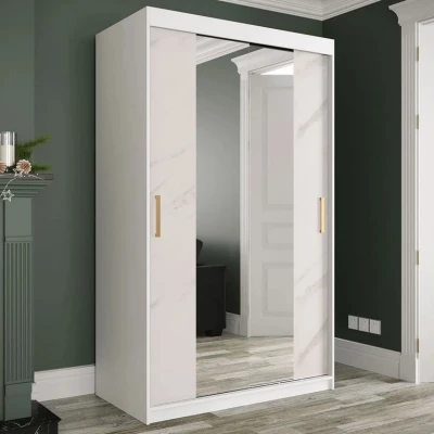 Keskeny gardrób 120 cm tükörrel CARSON 3 - fehér márvány / fehér / arany