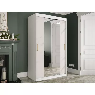 Keskeny gardrób 120 cm tükörrel CARSON 3 - fehér márvány / fehér / arany