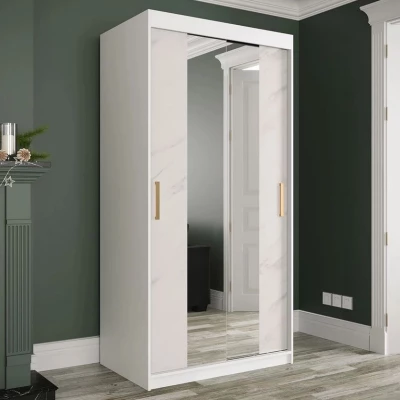 Keskeny gardrób 100 cm tükörrel CARSON 3 - fehér márvány / fehér / arany