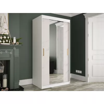 Keskeny gardrób 100 cm tükörrel CARSON 3 - fehér márvány / fehér / arany