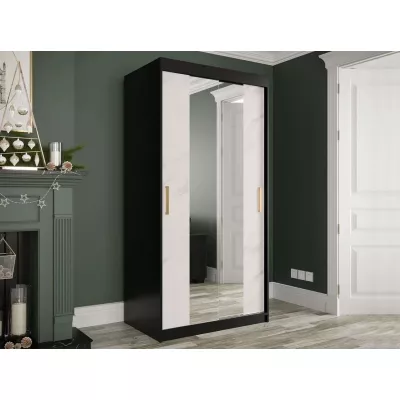 Keskeny gardrób 100 cm tükörrel CARSON 3 - fehér márvány / fekete / arany
