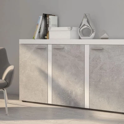 Széles fiókos komód ajtókkal THISE - beton / fehér