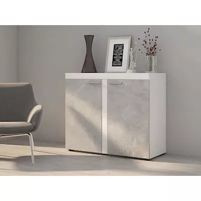 Keskeny fiókos szekrény ajtókkal THISE - beton / fehér