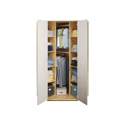 Sarokgardrób 95 cm APTOS - artisan tölgy / nyers acél / selyemfényű